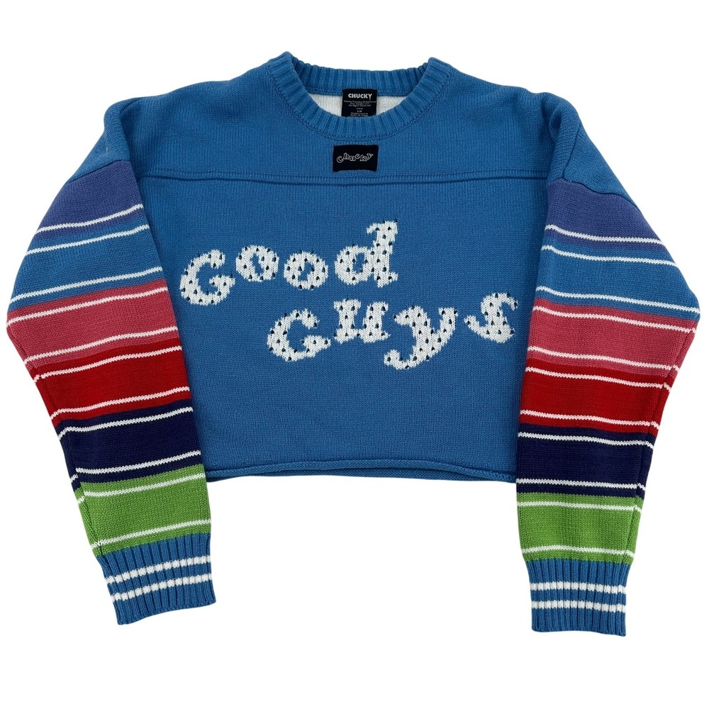 Chucky Women Large Good Guys Cropped Sweater Blue Striped Sleeve Horror Movie